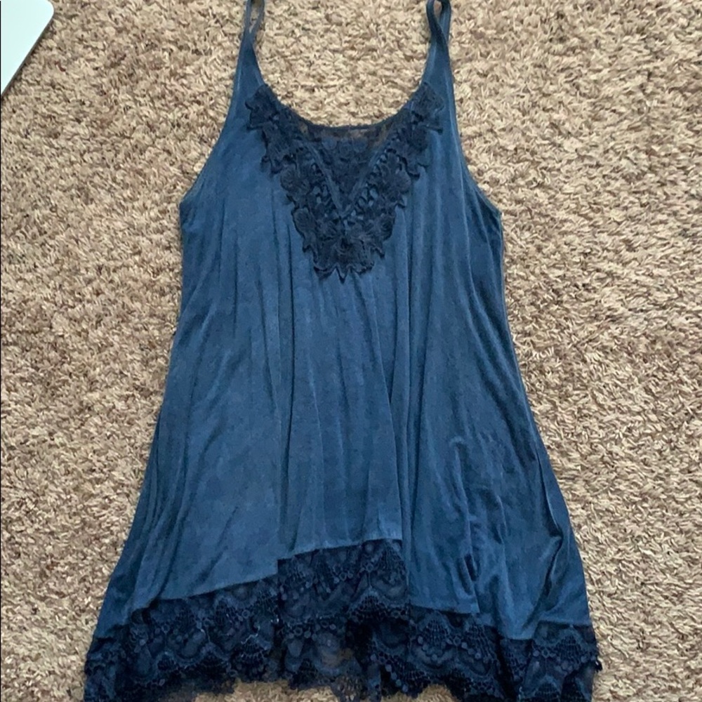 Navy Acid Wash Lace Trim Tank Top - Knox Rose